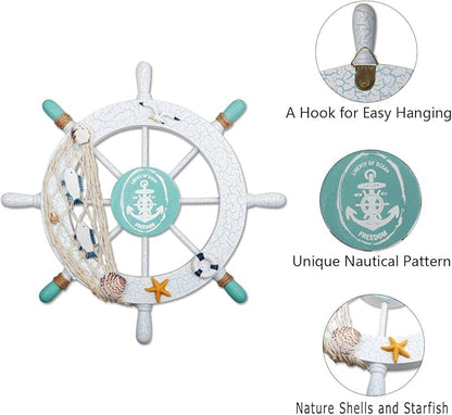 2 Pack 11" Nautical Beach Wooden Ship Wheel and 13" Wood Anchor with Rope Nautical Boat Steering Wheel Rudder Anchor Wall Decor Door Hanging Ornament Beach Theme Home Decoration(White&Green)