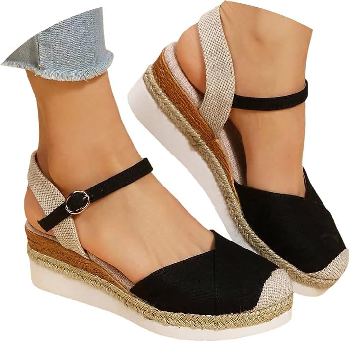 Closed Toe Platform Wedge Sandals Espadrilles Wedges for Women 2025 Dressy Flat Open Toe Comfortable Anti Slip Summer Shoes with Adjustable Buckle Ankle Strap