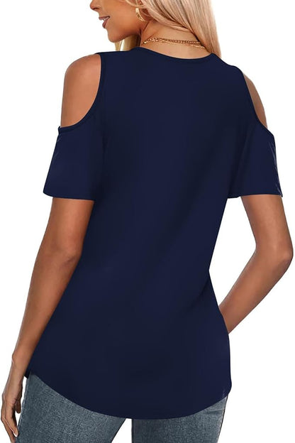 Womens Cold Shoulder Tops Short Sleeve Dressy Casual Shirts Summer Fashion V Neck Basic Tees