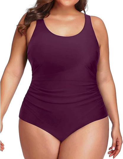 Daci Women Deep Purple Plus Size One Piece Swimsuit Athletic Tummy Control Ruched Bathing Suit with U-Back 22 Plus