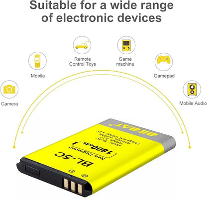 (2 Pcs) BL-5C Battery, 3.7V 1800mAh Rechargeable BL-5C Battery Suitable for Household Radio, Nokia with Current Protection