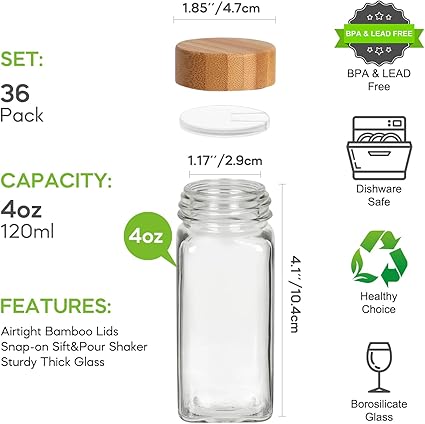36 Pack 4 oz Glass Spice Jars with Bamboo Lids, Empty Square Spice Containers with 319 BlankPrinted Spice Labels, Collapsible Funnel for Kitchen Cabinet, Spice Rack