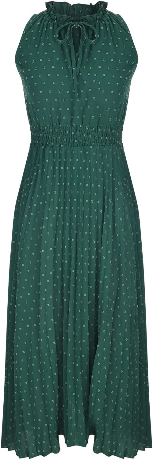 Women Summer Casual Sleeveless Tank Dress Casual V-Neck Tie Pom Poms Sundress Smocked Waist Flowy Maxi Beach Dresses