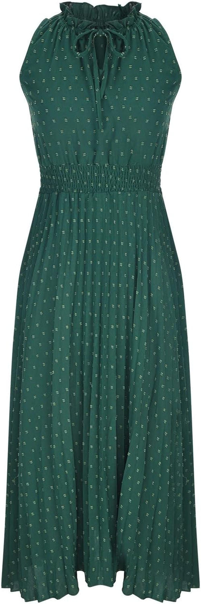 Women Summer Casual Sleeveless Tank Dress Casual V-Neck Tie Pom Poms Sundress Smocked Waist Flowy Maxi Beach Dresses