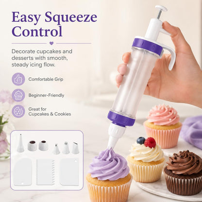 Frosting Piping Kit with Syringe Dispenser, 5 Nozzles, 3 Cake Scrapers Icing Dispenser Tool Cake Decorating Kit for Cupcakes, Cookies, Dessert Filling and Deviled Eggs (2 nozzles not included)