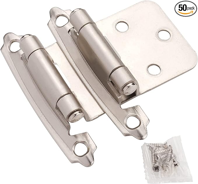 DecoBasics Cabinet Hinges Brushed Nickel for Kitchen Cabinets Doors (25 Pair -50 Pcs) -1/2" Overlay (Variable) -Self Closing Kitchen Cabinet Hinges Flush Mount w/Silicon Bumpers & Hardware Screws