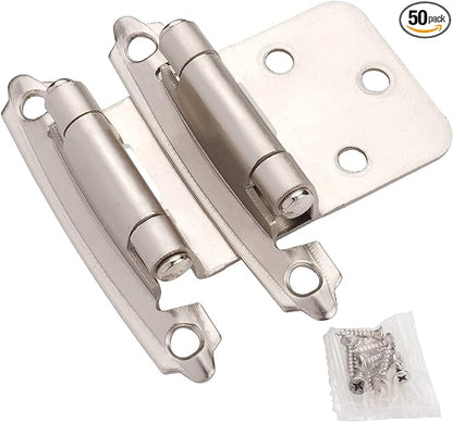 DecoBasics Cabinet Hinges Brushed Nickel for Kitchen Cabinets Doors (25 Pair -50 Pcs) -1/2" Overlay (Variable) -Self Closing Kitchen Cabinet Hinges Flush Mount w/Silicon Bumpers & Hardware Screws