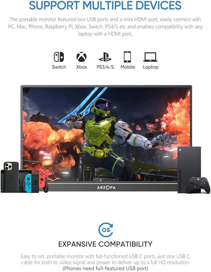 ARZOPA Portable Monitor 15.6'' FHD 1080P - Ultra-Slim Portable Laptop Monitor with Kickstand - IPS Display for PC, MAC, Phone, Xbox, PS5 - USB C  HDMI Connectivity - A1