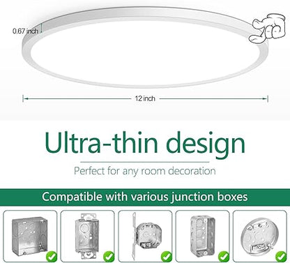 Brightever LED Flush Mount Ceiling Light, 24W 3200LM 5CCT Dimmable LED Ceiling Light Fixture, 2700K3000K4000K5000K6500K, 12 Inch Ultra Thin Ceiling Lamp for Bedroom, Dining Room, White, 2-Pack