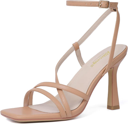 Size 10, RIBONGZ Strappy Stiletto Kitten Heels Ankle Strap Sexy Heeled Sandals for Women Square Open Toe High Heels Wedding Bride Party Prom Dress Shoes.