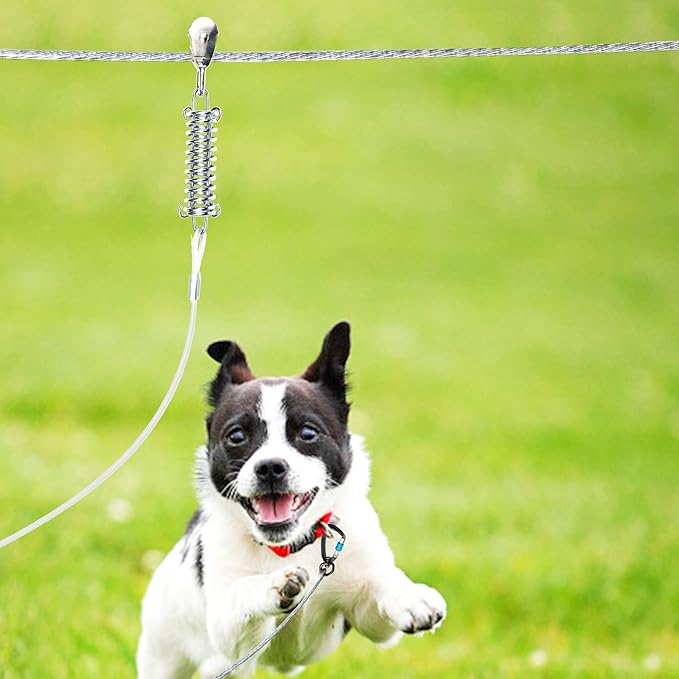 Dog Tie Out Runner for Yard,Trolley System for Large Dogs,Heavy Duty Dog Run Cable Lead 50ft with 10ft Pulley Runner Line for Small Medium and Large Dogs Up to 250lbs Running Outside Yard or Camping