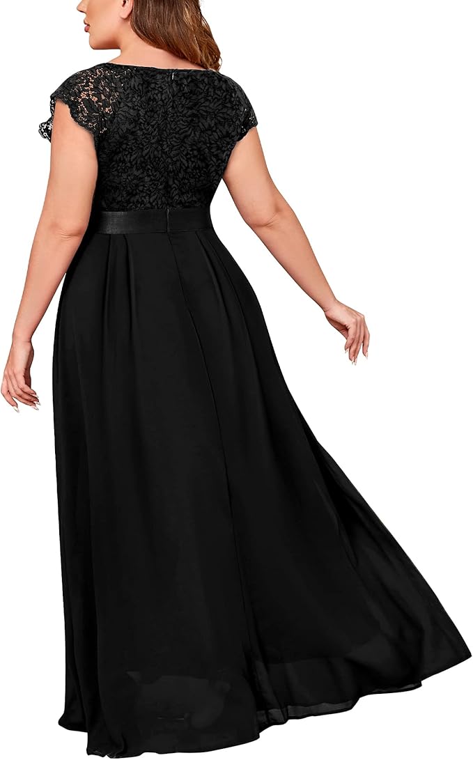 Miusol Women's Plus Size Cap Sleeve V Neck Floral Lace Ruffle Elegant Bridesmaid Evening Maxi Dress