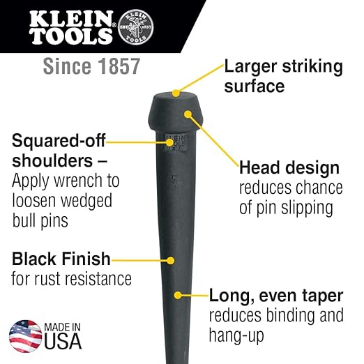 Klein Tools 3256 Broad-Head Bull Pin Made of Forged, Made in USA, Heat-Treaded Steel With Black Finish, 1-116-Inch