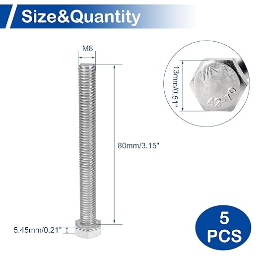 MroMax 5Pcs M8 x 80mm Hex Head Screws Bolts, 304 Stainless Steel 18-8, Fully Threaded, External Hex Drive, for Mounting Chair, Handles, Rail, Pump, Wheels, Antenna Parts, Boat and Plastic Bumpers