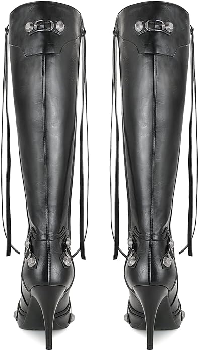 Sleek pointed-toe knee-high boots with stiletto heel, rivets, and tassels - a stylish statement piece. You don't want to miss it! https://a.co/d/0eSH5bug