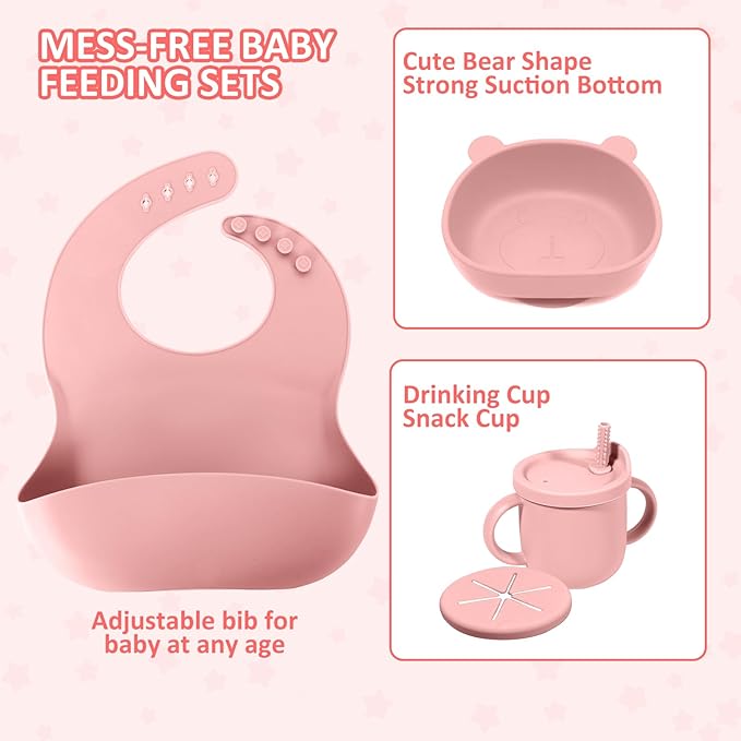 Silicone Baby Feeding Set | Baby Led Weaning Supplies | Toddler Self Feeding Dish Set with Suction Bowl, Divided Plate,Sippy Cup Spoons Forks Teether and Adjustable Bib, Eating Utensils for 6+Months