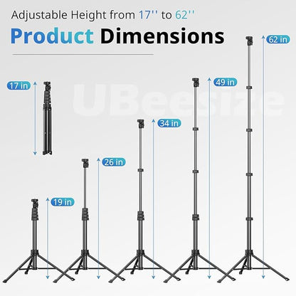 UBeesize 62" Phone Tripod  Selfie Stick, Camera Tripods Stand with Wireless Remote and Phone Holder,Compatible with iPhone Android Phone, Perfect for SelfiesVideo RecordingLive Streaming Black
