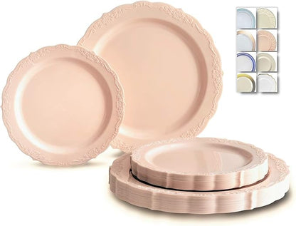 " OCCASIONS " 50 Plates Pack (25 Guests)-Vintage Wedding Party Disposable Plastic Plate Set -25 x 10'' Dinner + 25 x 7.5'' Salad/Dessert plates (Verona Blush Pink/Antique Rose)