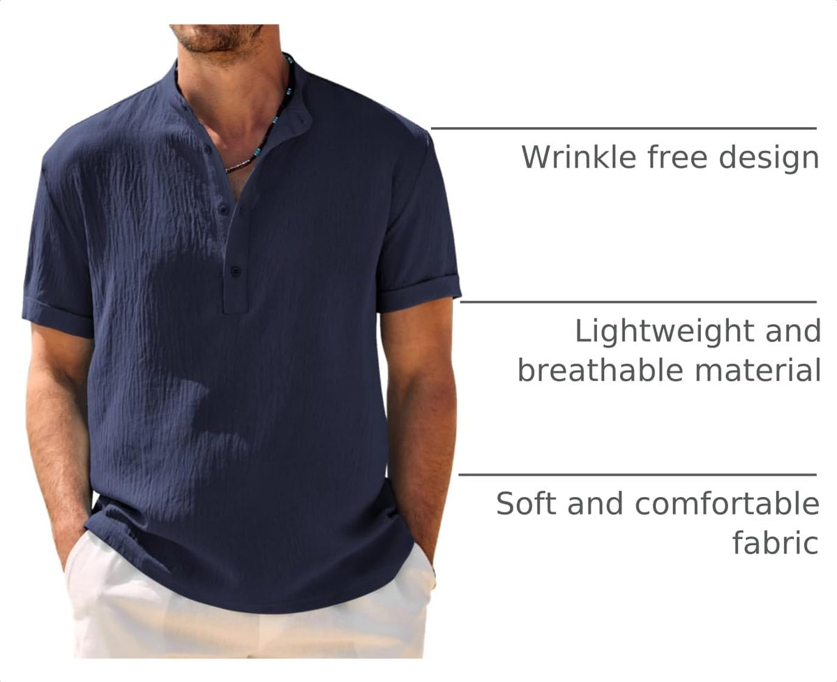 COOFANDY Men's Casual Henley Shirt Band Collar Short Sleeve Shirt Summer Beach Hippie T-Shirt