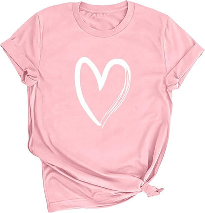 Valentines T Shirts for Women Cute Heart Print Graphic Tees Casual Short Sleeve Top Summer Fashion Round Neck Blouse