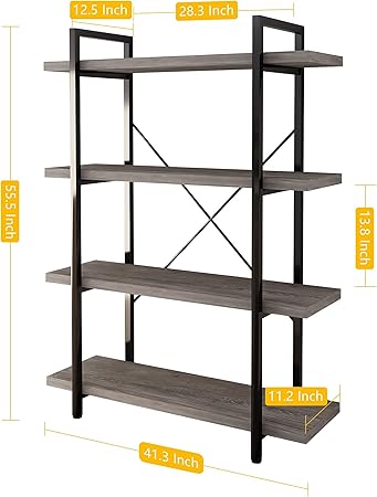 45MinST 4-Tier Vintage Industrial Style BookcaseMetal and Wood Bookshelf Furniture for Collection, Gray Oak, 345 Tier (4-Tier)