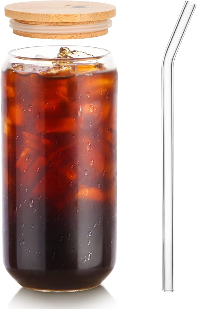 1 Pack Glass Cup, 16oz Drinking Glass with Bamboo Lid and Straw, Beer Tumbler for Mojito Soda Smoothies Whiskey Iced Coffee Cocktail Tea Juice