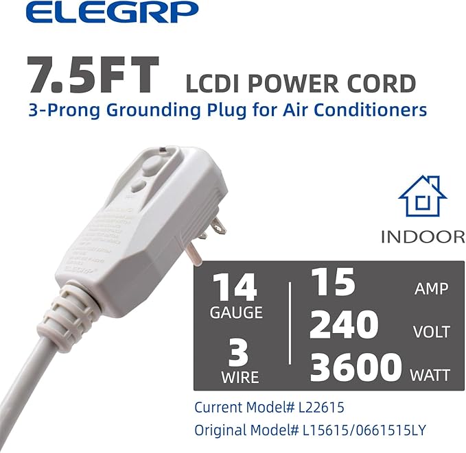ELEGRP L22615 240V 15A 3600W 14AWG LCDI Power Cord Plug 60Hz NEMA 6-15P for A/C Air Conditioner, E250451 UL Certified, 7.5FT Leakage Current Detection Interrupter Replacement 0661515LY L15615 (1 Pack)