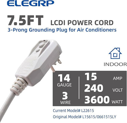 ELEGRP L22615 240V 15A 3600W 14AWG LCDI Power Cord Plug 60Hz NEMA 6-15P for A/C Air Conditioner, E250451 UL Certified, 7.5FT Leakage Current Detection Interrupter Replacement 0661515LY L15615 (1 Pack)