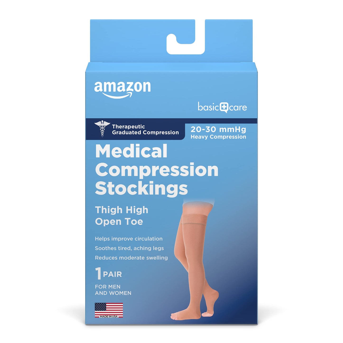 Basic Care Medical Compression Stockings for Circulation, Varicose Veins, Edema, Swelling, 20-30 mmHg Support, Women & Men Thigh Length Hose, Open Toe, Beige, Small