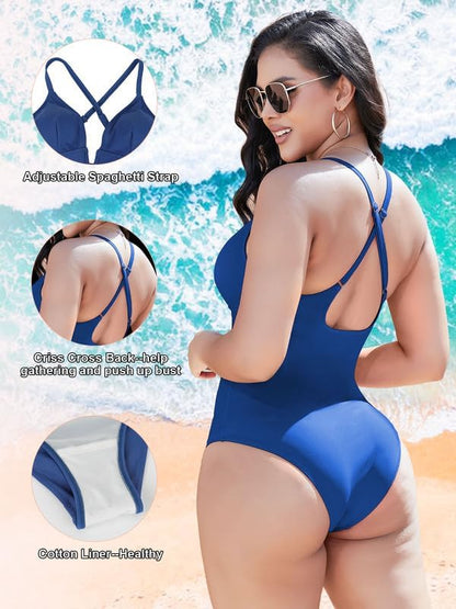 SHAPERIN Women Swimsuit One Piece Bathing Suits Tummy Control Sexy Deep V Neck Padded Push Up Swimwear Monokini