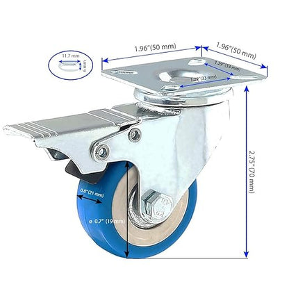 4 Pack Caster Wheels Swivel Plate Stem Brake Casters On Blue Polyurethane Wheels (2 inch with Brake)