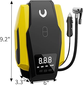 Tire Inflator Portable Air Compressor, Tire Air Pump for Car Tires, 12V DC 150PSI Auto Bike Pump with Digital Pressure GaugeLED Light, Yellow, Large
