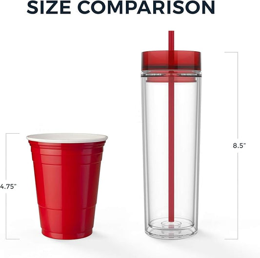 Maars Drinkware Double Wall Insulated Skinny Acrylic Tumblers with Straw and Lid, 16 oz. (4 pack, Clear)