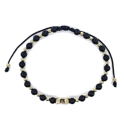 St Benedict Coin and Natural Round Black Onix Beads Adjustable Bracelet for Women (Black Onix)