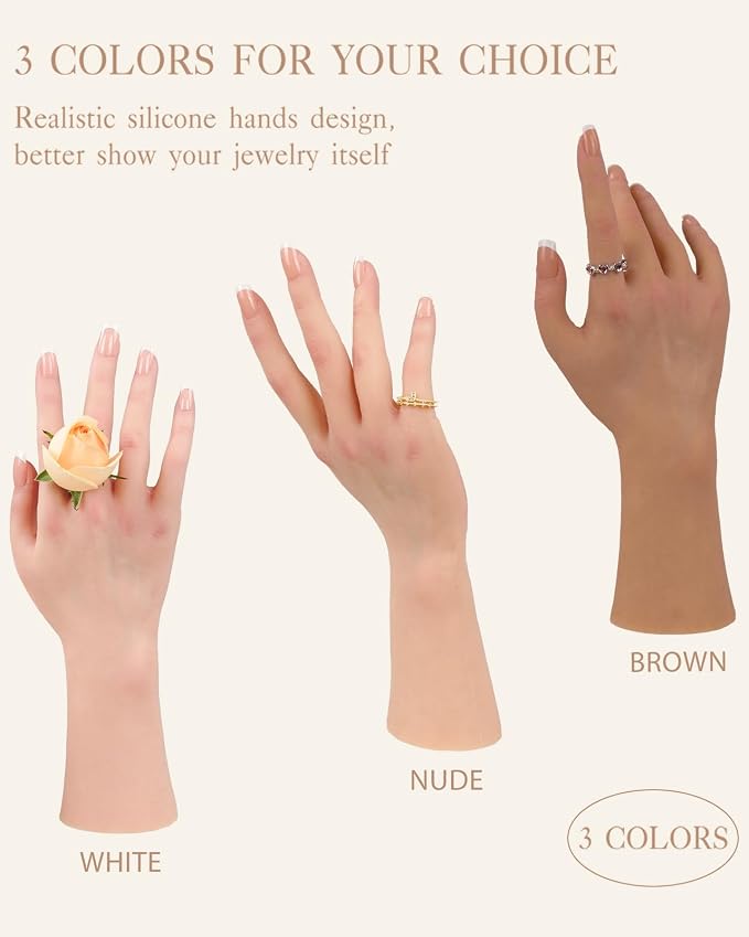 KUMIHO Realistic Silicone Female Hand Model Fake Hand for Jewelry Display Tattoo Training Practice Art Sketch with Nails, 1 Pair -with Skeleton