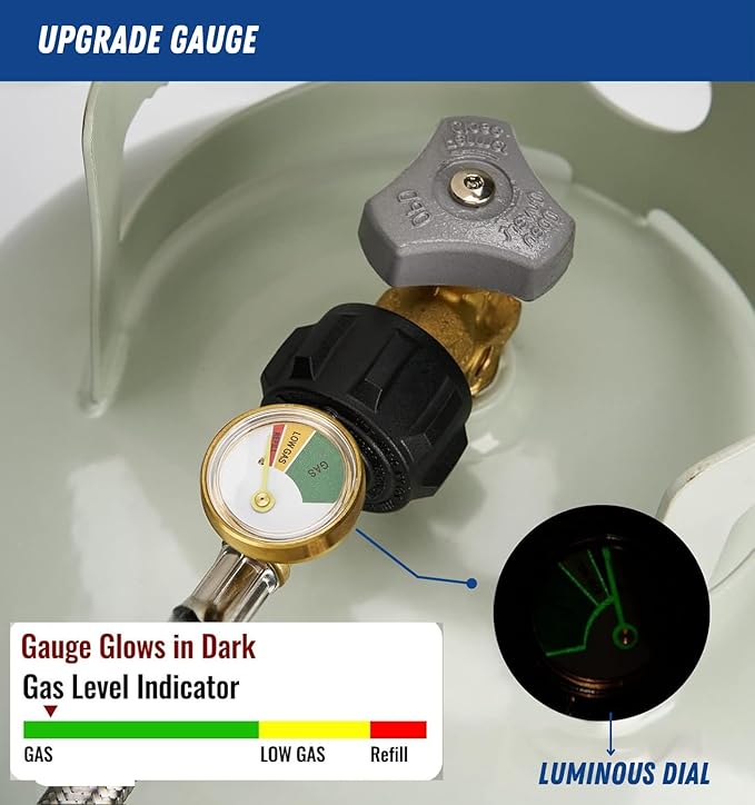Upgraded 3FT Propane Refill Adapter Hose with Gauge  ONOff Valve  Stainless Steel QCC1 Type 1 Connector for 1 lb. Tanks, Safe  Easy Filling from 5-40 lb Propane Tanks
