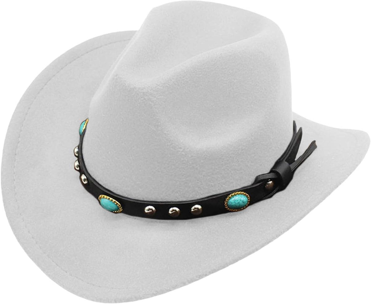 Cowgirl Cowboy Hat Women Men Vintage Wide Brim Fedora Hat, White belt with Turquoise stones