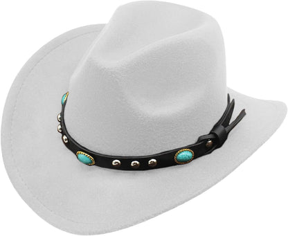 Cowgirl Cowboy Hat Women Men Vintage Wide Brim Fedora Hat, White belt with Turquoise stones