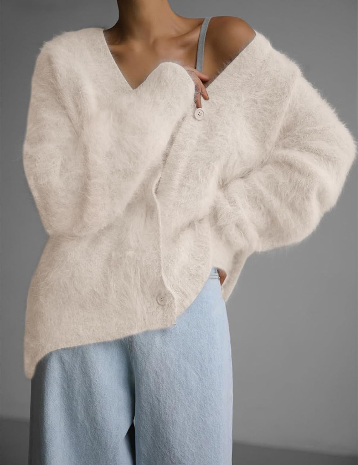 Womens Fuzzy Cardigan Sweater V Neck Long Sleeve Button Down Slouchy Furry Knit Sweaters 2026