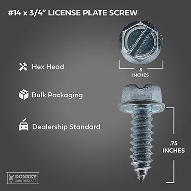 100 Pack of License Plate Screws - Number 14 x 3/4" Inch Slotted Hex Head  American Style - for Vehicles