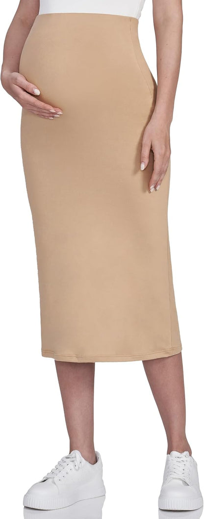 POSHDIVAH Women's Maternity Skirt Over The Belly Midi High Waisted Solid Stretchy Pregnancy Pencil Skirt