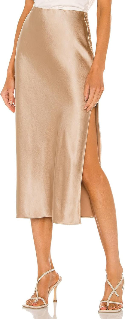 Skrtimory Womens Satin Silk High Waist Slit Midi Skirt Elastic Waistband Midi Skirts for Women.