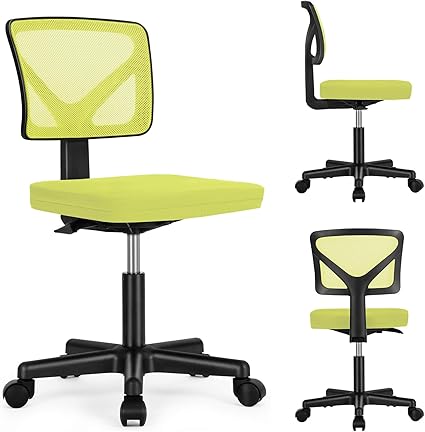 Armless Ergonomic Home Office Chair wLumbar Support, Low Back Rolling Swivel Chair with Adjustable Height - Yellow