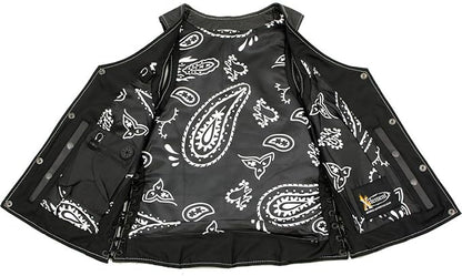 XS1029 Women's 'Paisley' Black Motorcycle Leather Vest with Side Lace Adjustment