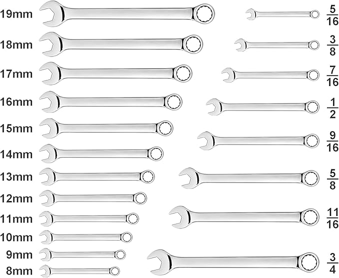 Max Torque 20-Piece Premium Metric and SAE Combination Wrench Set in Rack | Metric Size 8mm - 19mm, Inch Size 5/16√ì - 3/4√ì | Longer Wrench Body Design, Chrome Vanadium Steel, Unique V-Groove Open End