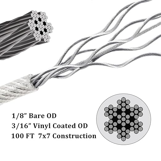 AGTEK Wire Rope Stainless Steel Vinyl Coated Aircraft Cable for Decking Railings String Lights, 100 Feet-by-1/8-Inch Thru 3/16-Inch, 7x7 Strands Construction