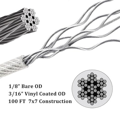AGTEK Wire Rope Stainless Steel Vinyl Coated Aircraft Cable for Decking Railings String Lights, 100 Feet-by-1/8-Inch Thru 3/16-Inch, 7x7 Strands Construction