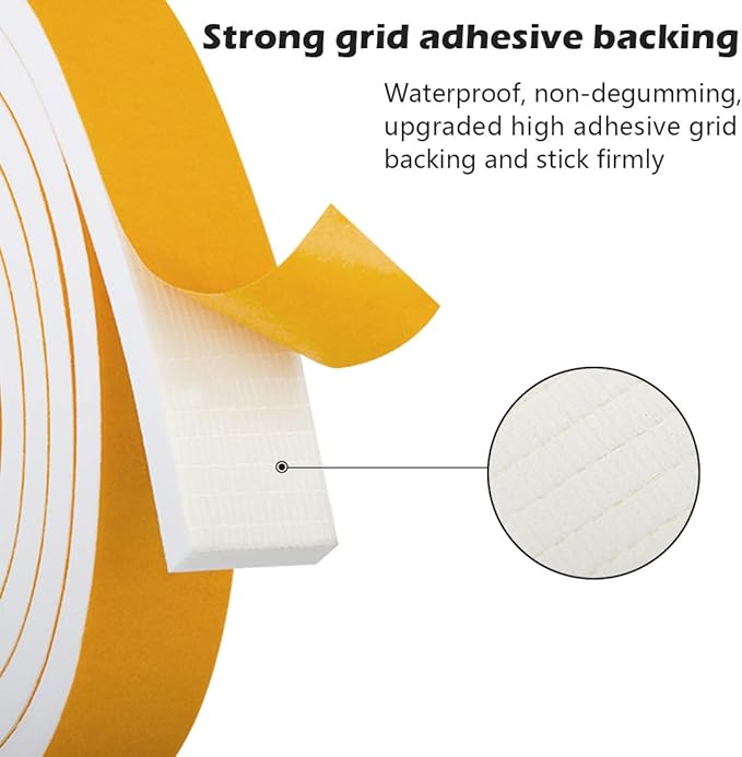 White Door Window Weather Stripping Self Adhesive Foam Tape 1 in  34 in  13 Ft, High Density Foam Sealing Strip Window Insulation Weatherproof Gasket Tape for Doors and Windows