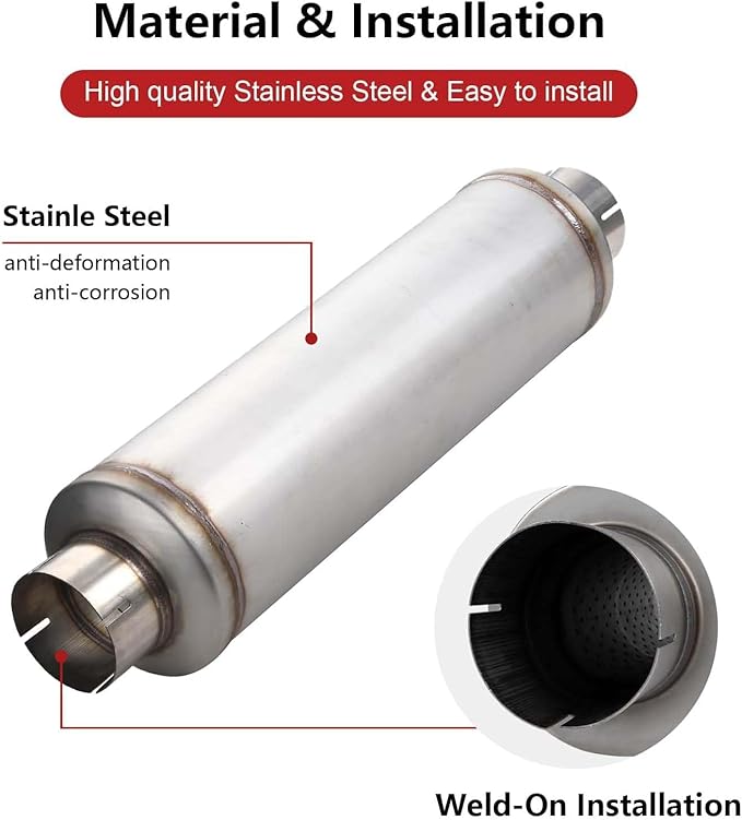 A-KARCK 4" Inlet Exhaust Resonator, 4" Inlet 4" Outlet 30" Overall Length Muffler Resonator Stainless Steel