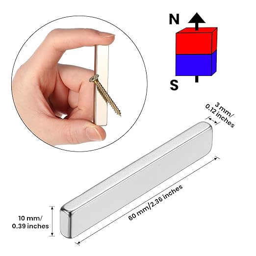 Hicarer 60 Pack Neodymium Rare Earth Bar Magnet Heavy Duty Rectangular Thin Bar Magnet Strip with Double Sided Adhesive for DIY Fridge Kitchen Office, 60 x 10 x 3 mm